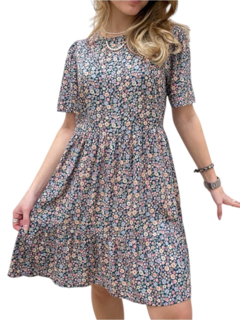 PIECES Pcnya Deep Lagoon Flower Floral Short Sleeve Tiered Mini Dress